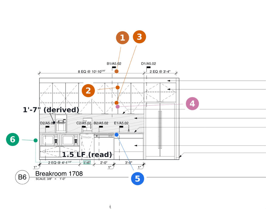 Annotated elevation — every item pinned on the sheet it came from